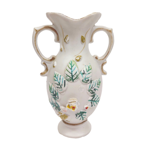 Vintage Bisque Porcelain Handled Raised Flower Vase 7" Hand Painted Gold Trim - Picture 1 of 9